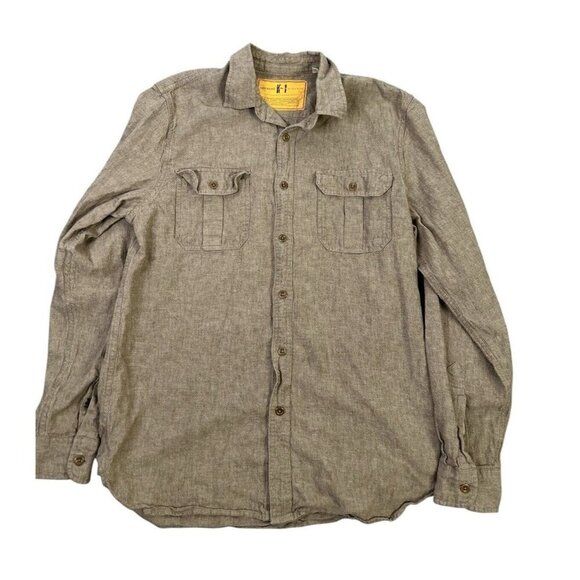 Dockers K1 Button Up Shirt Mens Medium Light Brown Linen Cotton Blend Military - Picture 1 of 9